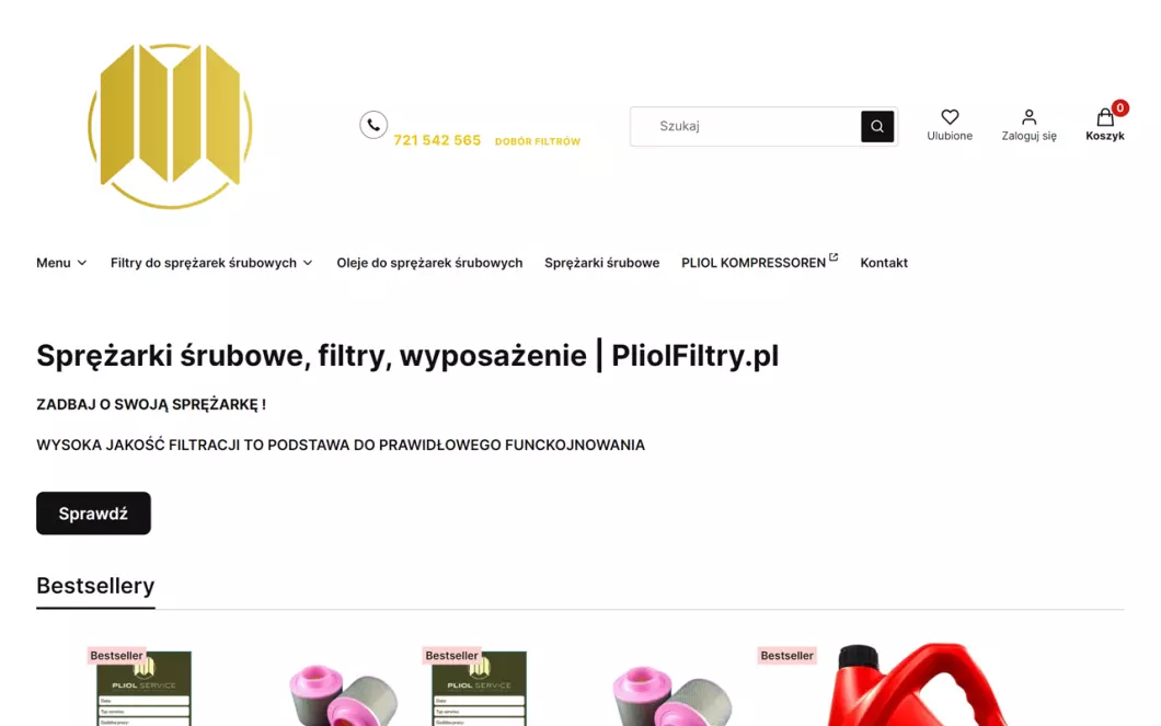 Zrzut ekranu strony PliolFiltry.pl Sprężarki śrubowe
