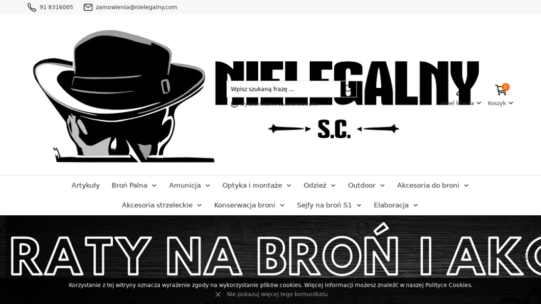 Zrzut ekranu strony Internetowy sklep z bronią palną, myśliwską Szczecin | NIELEGALNY
